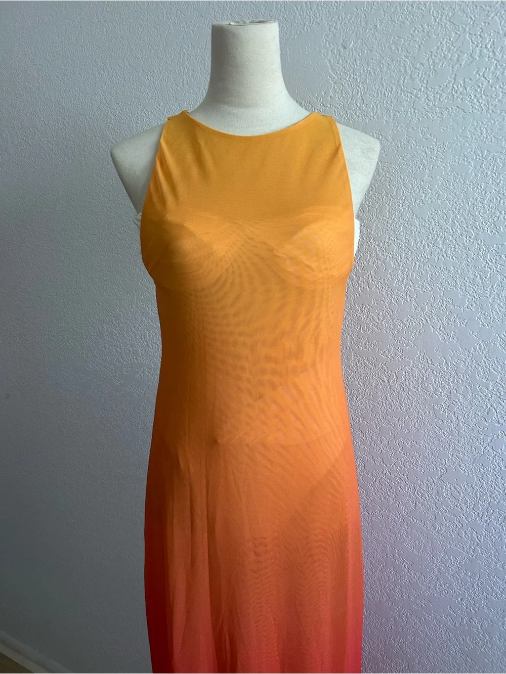 Caroline Constas Sunset Ombre Orange Gradient Mesh Sleeveless Coverup Maxi Dress